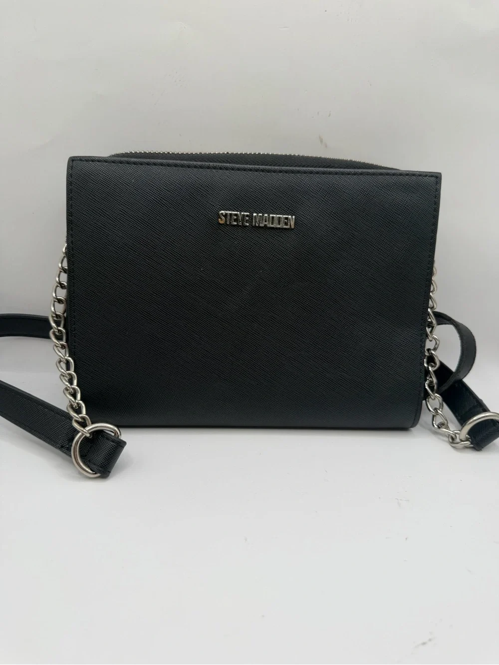 Steve Madden Black Crossbody Bag Silver Chain Saffiano Zip Purse